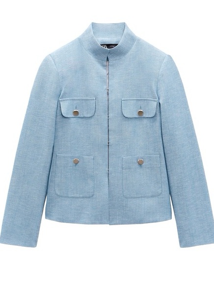 Zara High Collar Cotton Linen Blazer Jacket Military Medium Blue